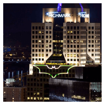 Bat-signal projected on a Pittsburgh skyscraper